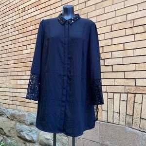ELLE Black beaded Lace Button Up lace Tunic Blouse Size Extra Large